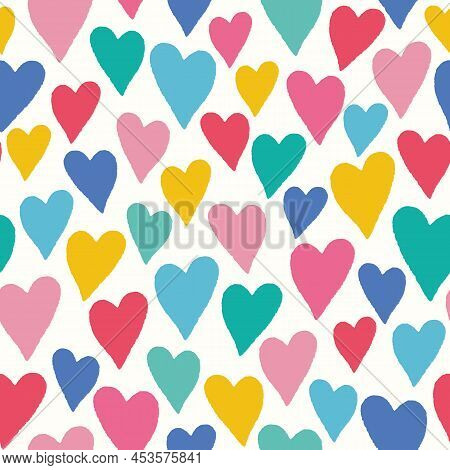 Heart Back Ground Pattern. Vector Seamless Repeat Of Hand Drawn Textured Colourful Love Hearts.
