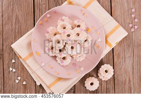 Canestrelli Biscuits With Sugars On Wooden Table.