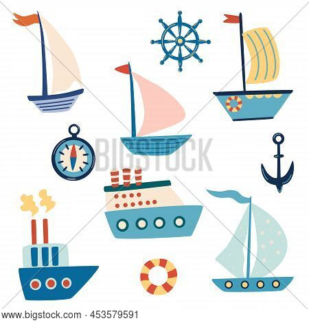 Ships, Sailboat, Yachts Set. Sea Transport. Anchor, Lifebuoy And Compass. Cartoon Marine Icons Set F