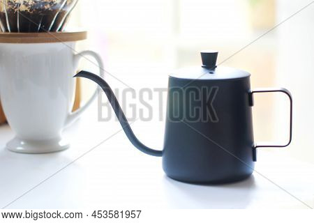 Kettle., Drip Coffee., Background Of Morning Coffee Dripping Atmosphere., Close-up Shot Of Blurred C