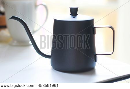 Kettle., Drip Coffee., Background Of Morning Coffee Dripping Atmosphere., Close-up Shot Of Blurred C