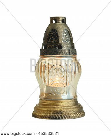 Transparent Grave Light With Burning Candle Isolated On White. Symbol Of Remembrance
