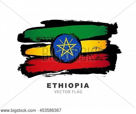 Ethiopian Flag. Colored Brush Strokes Drawn By Hand. Vector Illustration Isolated On White Backgroun