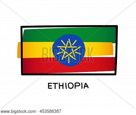 Ethiopian Flag. Colorful Ethiopian Flag Logo. Green, Yellow And Red Hand-drawn Brush Strokes. Black 