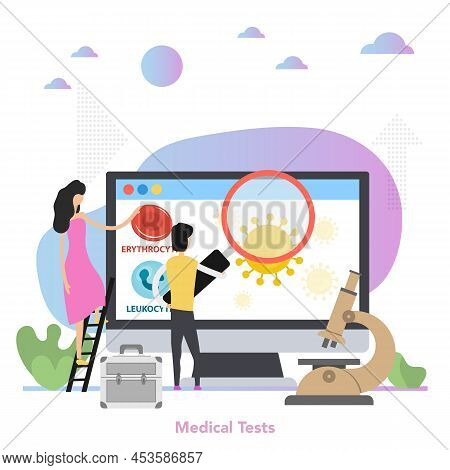 Medical Tests Vector Illustration In Flat Style. Medical Research Concept With Characters, Microscop