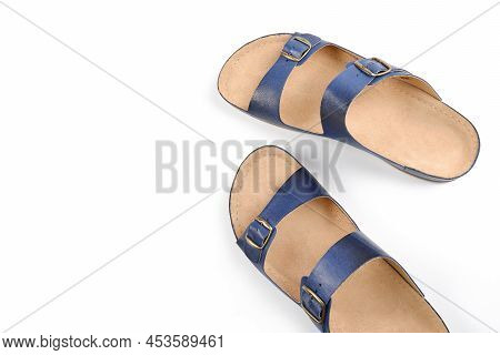 A Pair Of Men's Blue Leather Sandals With Adjustable Instep, Highlighted On A White Background.summe