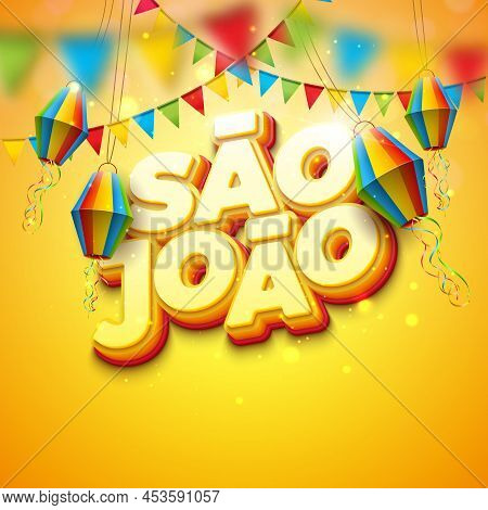 Festa Junina Illustration With Party Flags And Paper Lantern On Yellow Background. Vector Brazil Jun