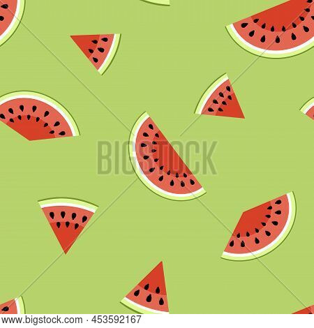 Watermelon Pieces Seamless Pattern. Cut Watermelon, Piece, Bit On Green. Flat, Vector
