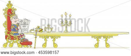 King In A Golden Crown And Solemn Royal Attire Sitting On His Throne And Reading A Latest Newspaper 