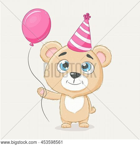 Cute Baby Bear With Party Hat And Heart Balloons. Postcard. Greeting Card. Card With A Wish. Card Wi