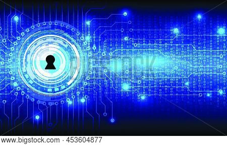 Security Circuit Board With Binary Code Vector Background. Blue Hi Tech Abstract Circle Padlock Key 