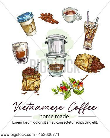Hand Drawn Set Of Coffee Beans, Coffee Cups With Vietnamese Coffee Drip. Vector Illustration. Graphi