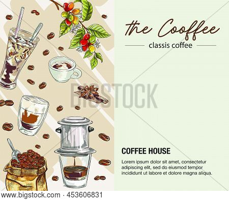 Hand Drawn Of Coffee Beans, Coffee Cups With Vietnamese Coffee Drip. Vector Illustration. Sticker, G