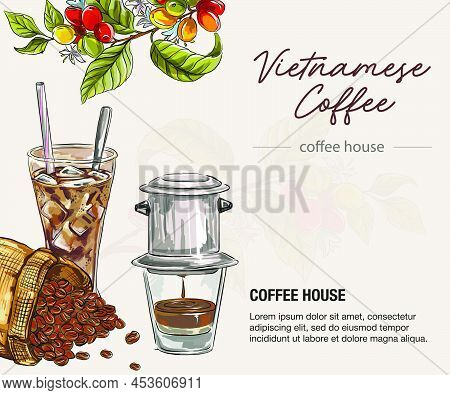 Coffee Cups With Vietnamese Coffee Drip. Vector Illustration. Graphic Style Elements: Label, Postcar