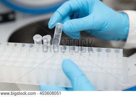 Female Scientist In Protective Gloves Picks Up Samples From The Centrifuge And Puts Into The Rack. M