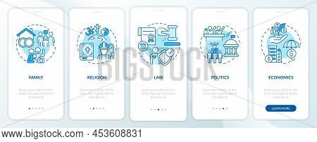 Social Institutions List Blue Onboarding Mobile App Screen. Walkthrough 5 Steps Graphic Instructions