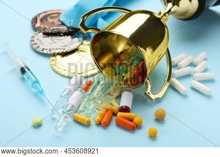Composition With Drugs On Light Blue Table, Closeup. Doping Control