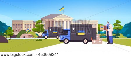Doctor Giving Help Box With Medical Supplies To Refugees Humanitarian Aid Material Assistance Govern
