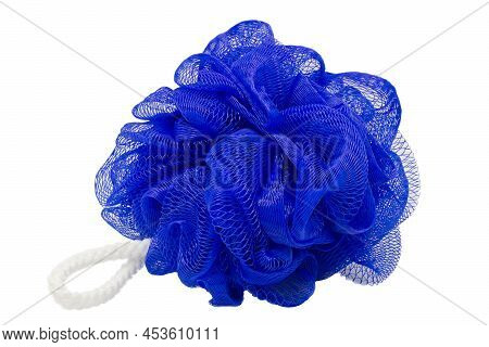 Blue Mesh Pouf Bath Sponge Washcloth Single Object Isolated On White Background Closeup Photo. Soft 