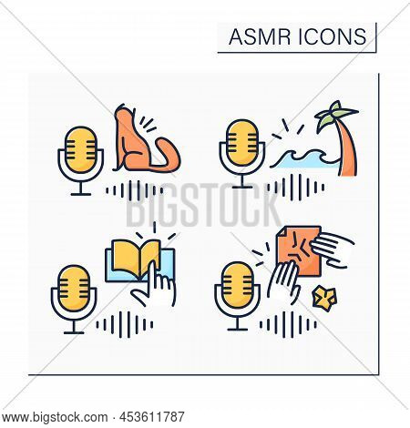 Asmr Color Icons Set. Cat Purring, Page-turning, Ocean Waves Sounds.modern Trends. Internet Trend Co