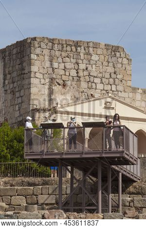 Merida, Spain - Oct 9th, 2021: Alcazaba Of Merida Viewpoint Platform Full Of Visitors. Extremadura, 