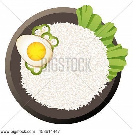 Asian Rice Bowl With Egg And Vegetables. Dish Top View