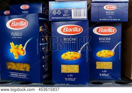 Tyumen, Russia-april 13, 2022: Barilla On A Supermarket Shelf. The Barilla Group Produces Several Ki