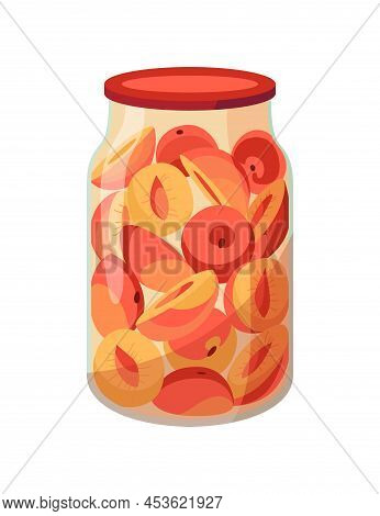 Jar Preserved Fruts. Can Of Pickled Apple And Peach. Cartoon Canned Food In Glass. Grocery Conserve 