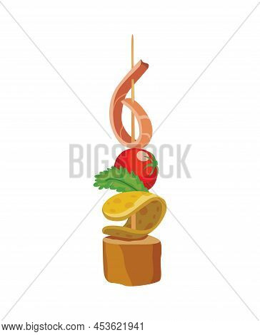 Canape Of Appetizer With Toppings. Snack For Party, Cold Food On Wooden Stick. Canape For Buffet, Ic