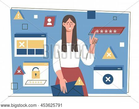 Internet Fraud Or Scam Attack. Woman Received Notification About Activity, Leakage Of Personal Data 
