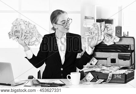 Widescale Earnings. Corporate Leather Bag. Sexy Woman With Case At Workstation. Happiness And Succes