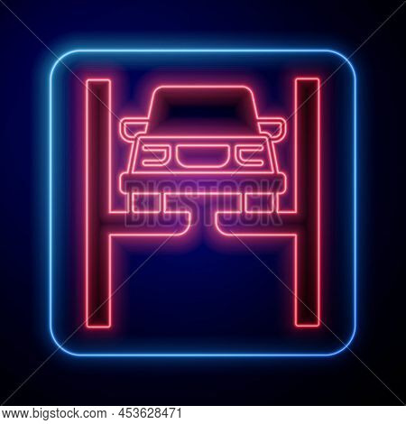 Glowing Neon Repair Car On Lift Icon Isolated On Black Background. Repair Of The Underbody, Suspensi