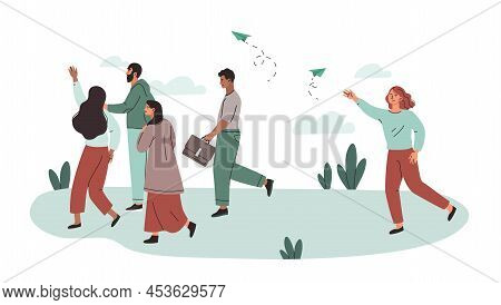 Competition In Business Concept. Young Business People Run Forward, Overcome Obstacles And Achieve S