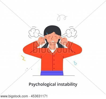 Different Thoughts And Feelings Concept. Annoyed Woman With Emotional Burnout Plugs Ears With Finger