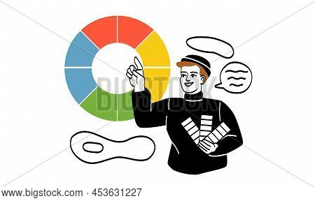 Work Of Interior Designer. Young Guy On Background Of Color Circle, Bright Cells. Reminders For Crea