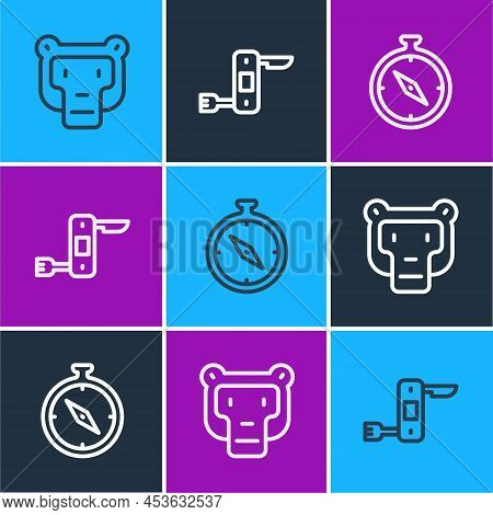 Set Line Monkey, Compass And Swiss Army Knife Icon. Vector