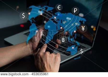 A Lady With Mobile Phone  Loaded With Foreign Currency. Currency Exchange, Money Transfer, Fintech F