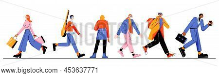 Diverse Passerby People Walk, Courier Deliver Order, Businessman With Coffee Cup, Schoolgirl Or Stud