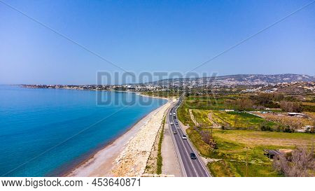 Kisonerga, Cyprus - April 2, 2022: Aerial View On Seashore Along E701 Road In Kissonergas.