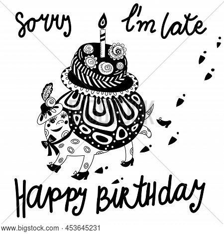 Black And White Happy Belated Birthday Card With A Cute Turtle, Cake With Candle And Lettering. Vect