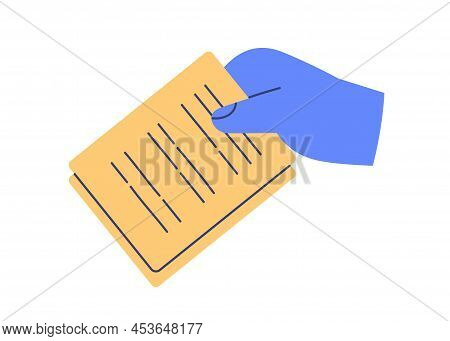 Hand Holding Document Icon. Arm With Abstract Business Papers, Official Legal Contract With Lines. S