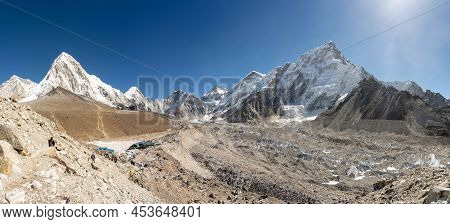 A Panoramic View Of Gorak Shep, Kala Patthar And The Khumbu Valley With The Snow Covered Himalaya Mo