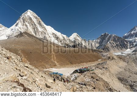 A View Of The Small Town Of Gorak Shep And Kala Patthar On The Way To Everest Base Camp.