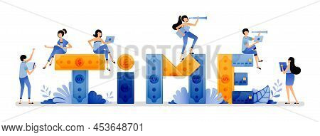 Vector Illustration Of Piles Of Money That Make Up The Word Time. People Make Most Of Their Time To 