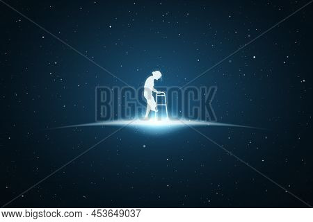 Old Woman With Walker. Walking Old Lady Silhouette. Glowing Outline