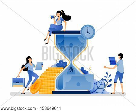 Vector Illustration Of Hourglass With Money Going Down. Current Month Debt Payments That Approaching