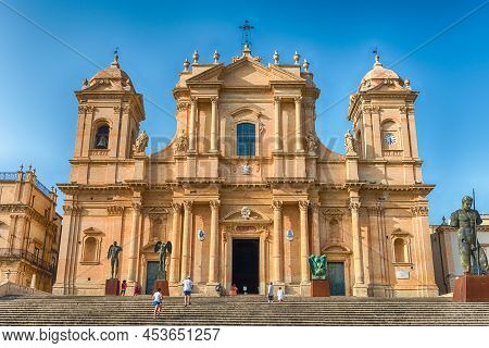 Noto, Italy - August 12, 2021: Facade Of The Noto Cathedral, Masterpiece Of The Sicilian Baroque And
