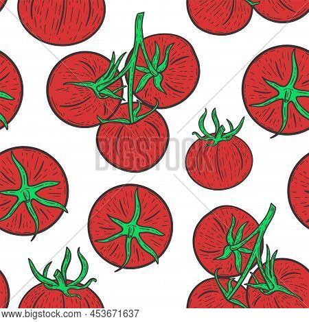 Tomatoes Seamless Pattern Vector Illustration. Red Vegetables Background. Medel Tomatoes For Fabric,