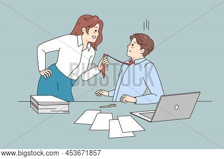 Young Woman Employee Pull Male Employee Tie Seduce Him At Workplace. Female Worker Show Attraction T