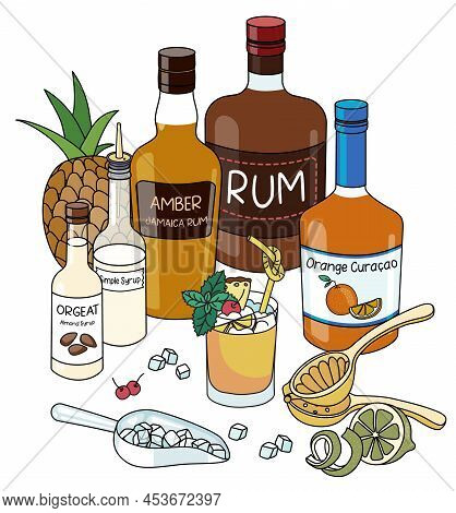 Doodle Cartoon Mai Tai Cocktail And Ingredients Composition. Two Types Of Rum, Orgeat Almond Syrup, 